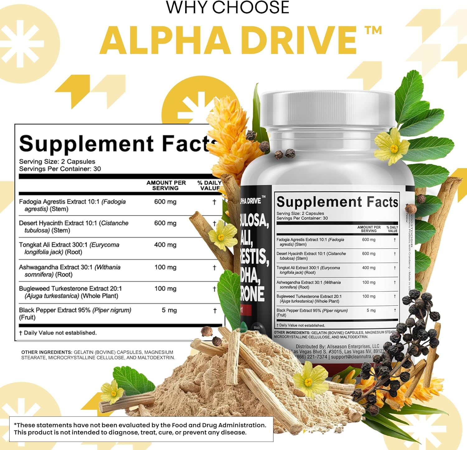 Clean Nutra Cistanche Tribulosa Fadogia Agrestis Tongkat Ali Turkesterone Pills Ashwagandha Capsules Supplement for Men - 60 Count