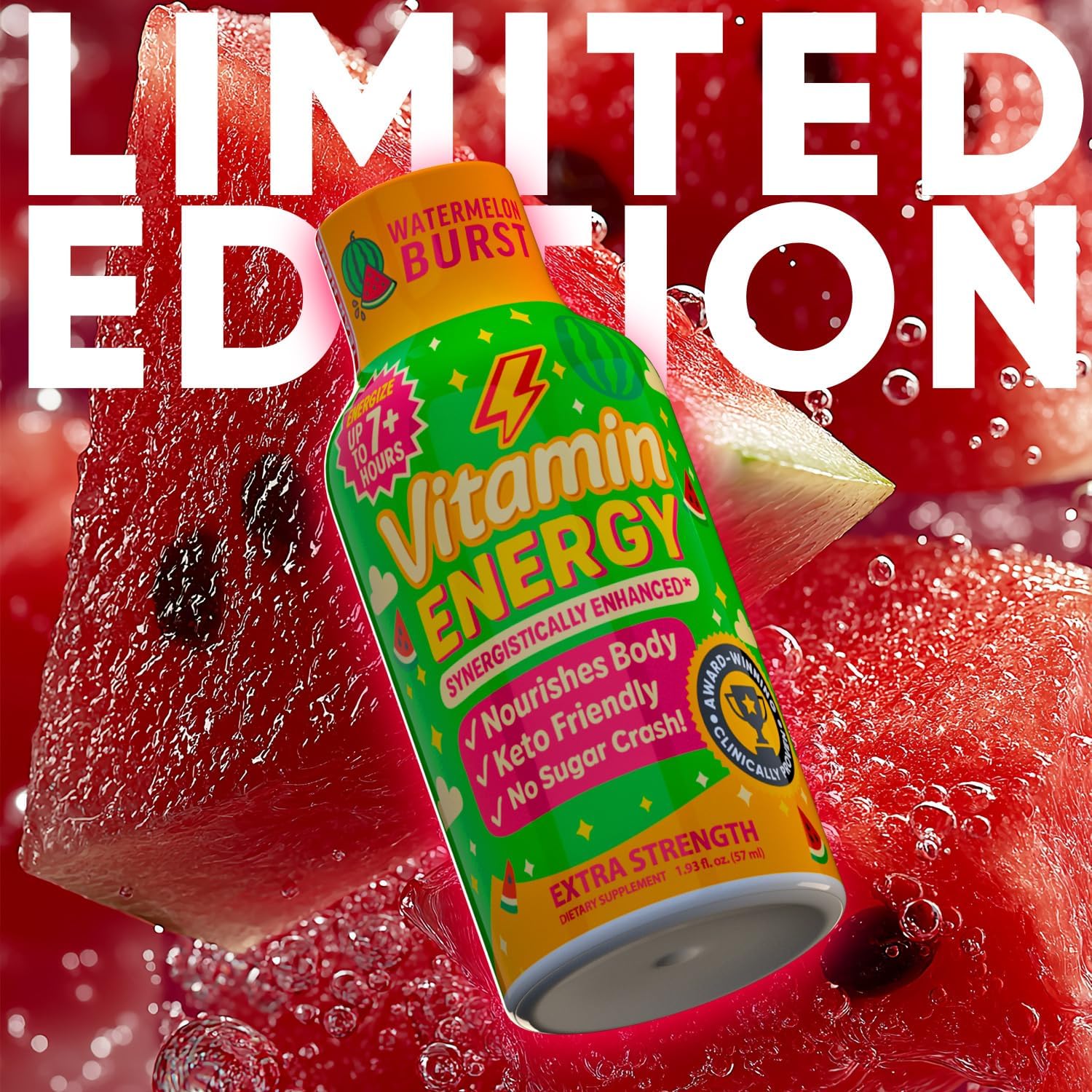 Vitamin Energy Immune+ Extra Strength Energy Shot Watermelon Burst 12 Pack, 260mg Natural Caffeine, B-Vitamins, Citicoline, Green Tea, Immunity & Focus Support, Zero Sugar, Gluten-Free 1.93 fl oz