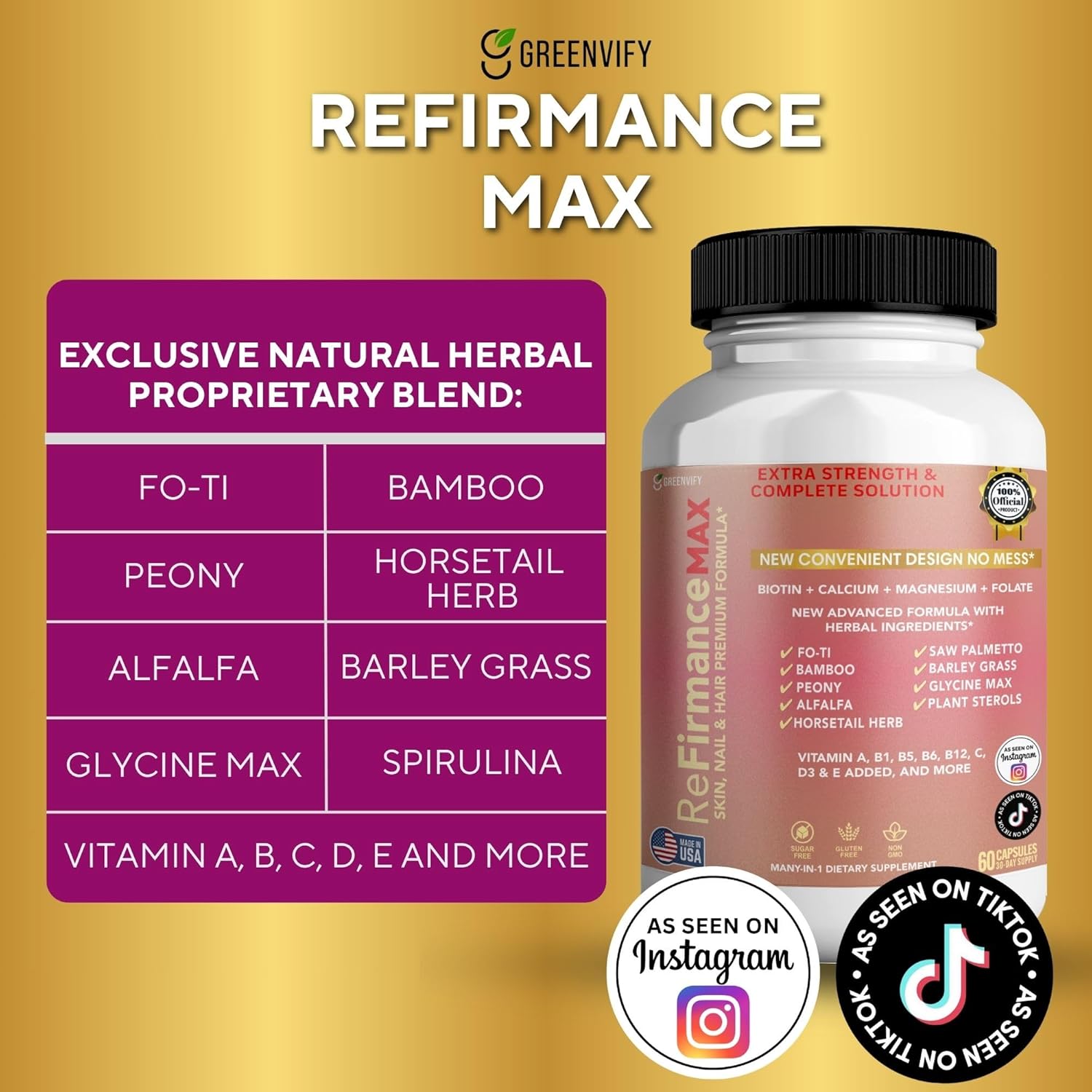 ReFirmanceMax Hair Growth Supplement, 60 Capsules, with Biotin 5000mcg, Vitamins B12, Calcium, Saw Palmetto, 30 Day Supply (2)