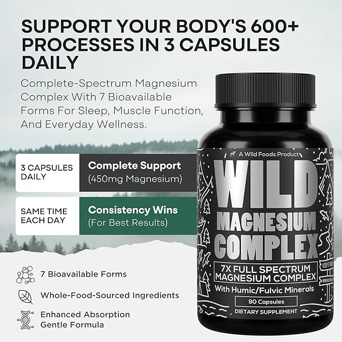 Wild Magnesium Complex for Women & Men – 7 Magnesium Forms in One: Glycinate, Citrate, Malate & More – High-Absorption Magnesio Complex with Fulvic Mineral Blend – 90 Capsules, 450 mg (Pack of 2)