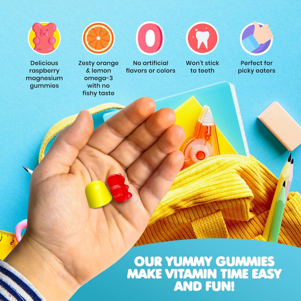 DR. MORITZ Calm Magnesium Gummies for Kids (60 Count, 2 Pack) and Kids Omega 3 Gummies (90 Count) Bundle - Low Sugar, Vegetarian, No Fish Oil