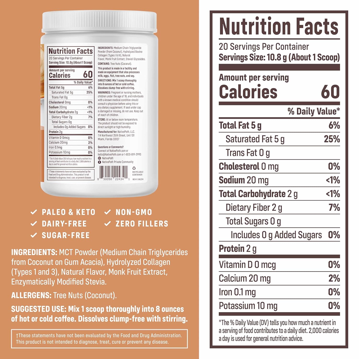 NativePath Keto Coffee Creamer Powder Hazelnut — Keto-Friendly, Non-Dairy & Low Sugar Creamer. Made with Grass-fed Collagen Protein Powder, MCT Oil & Monk Fruit. Soy & Gluten Free (7.6OZ)