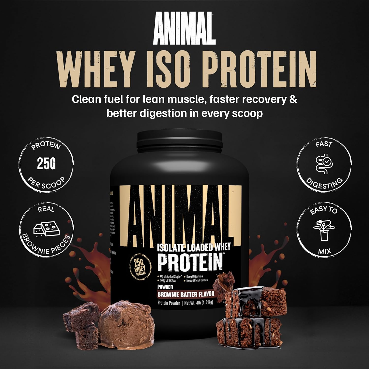 Animal Whey Isolate Protein Powder - Loaded for Pre & Post Workout Muscle Builder and Recovery with Digestive Enzymes for Men & Women - 25g Protein, Great Taste, Low Sugar - Brownie Batter 4 lbs