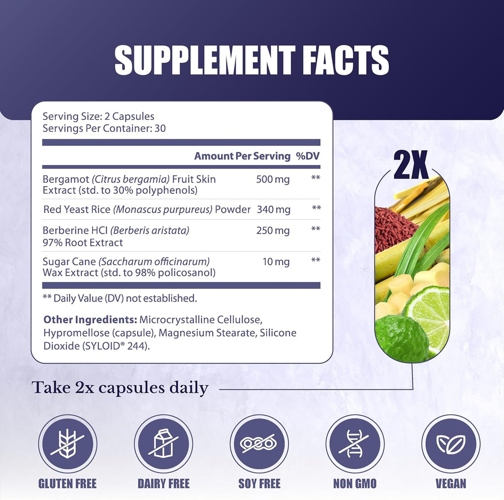 CL Switch – Heart Wellness Supplement – Supports Healthy Cholesterol Levels & Blood Pressure Already in Normal Range* – with Citrus Bergamot, Berberine, Red Yeast Rice & More – 60 Capsules