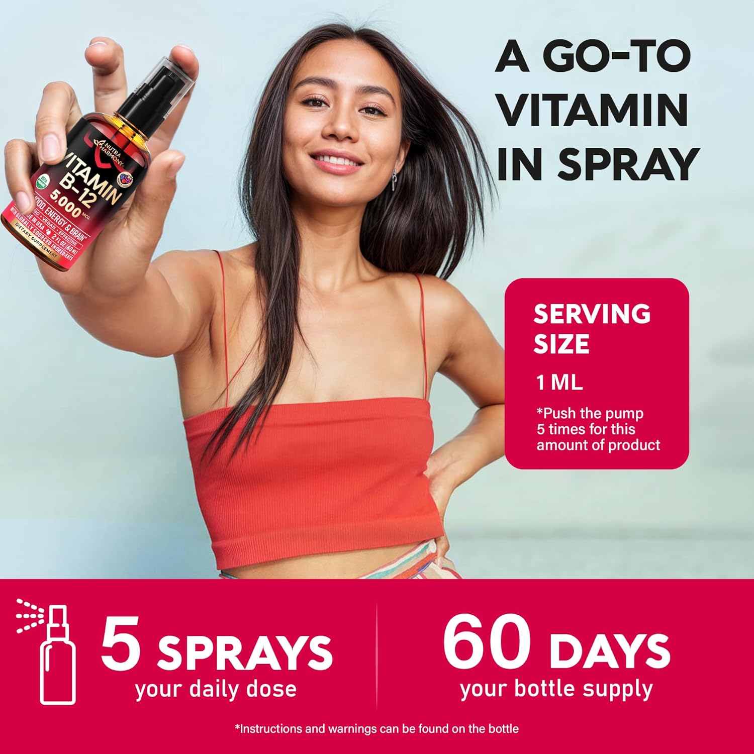 USDA Organic Vitamin B12 Sublingual Spray - 5000 mcg Liquid Vegan Methylcobalamin for Women & Men - Energy Boost, Focus & Mood, Brain Health Support - Maximize Absorption - 2 Month Supply, 2 fl oz