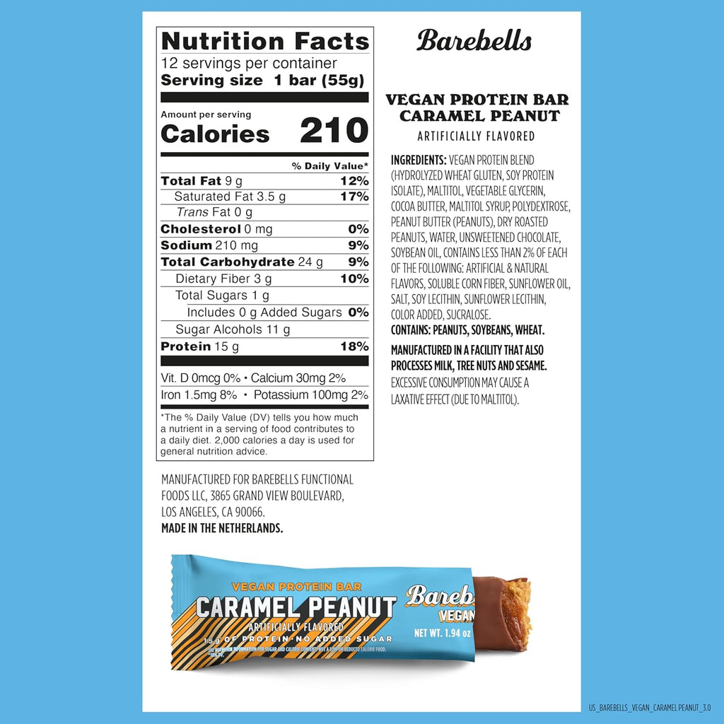 Barebells Plant Based Protein Bars, Peanut Caramel - 12 count, 15g of Plant-Based High Protein Treats - Chocolate Nutrition Bar with 1g Total Sugar - On The Go Breakfast or Post-Workout Snack