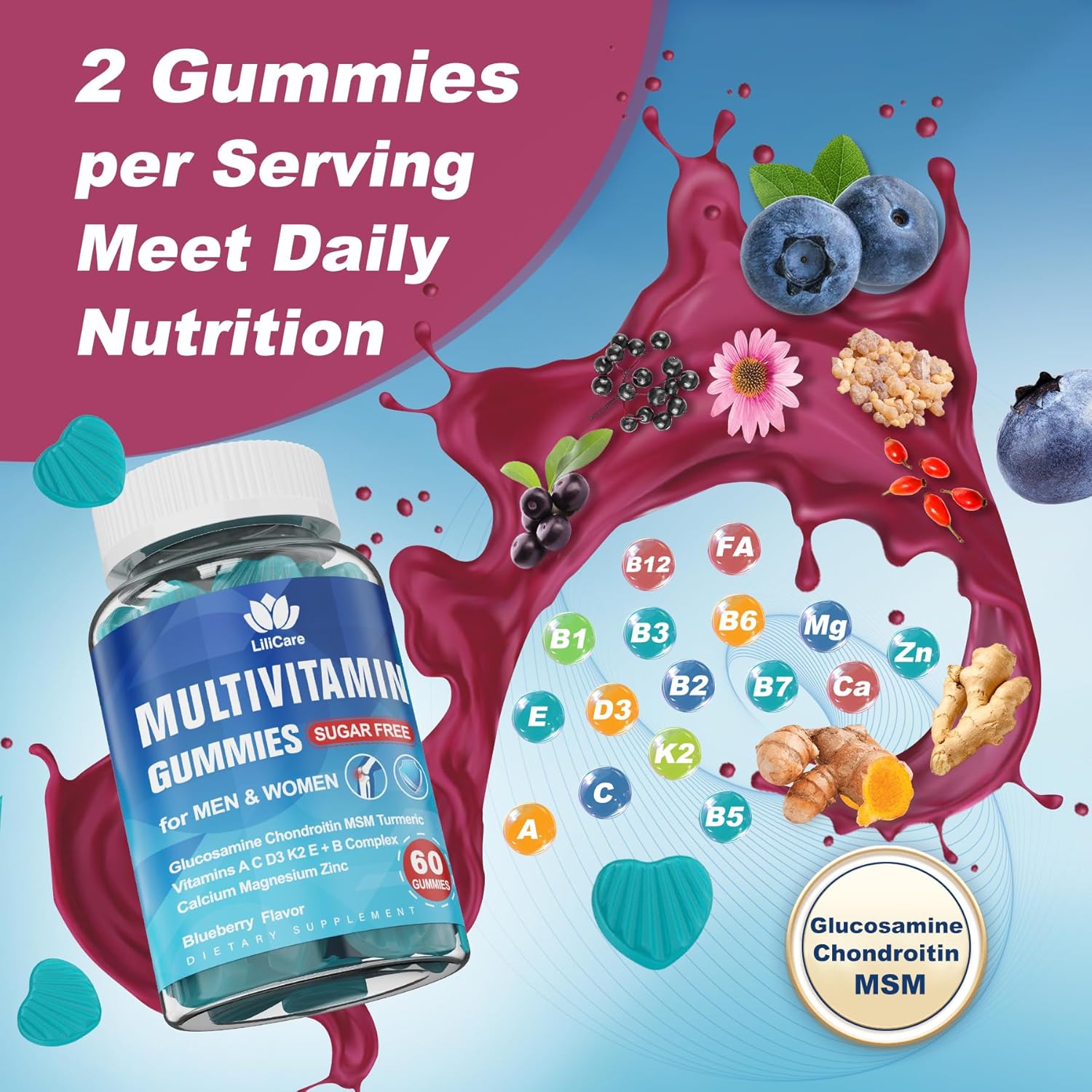 Methylated Multivitamin for Men/Women Gummies, Mens/Womens Multivitamin 50 Plus, with Glucosamine Chondroitin MSM Echinacea Sugar Free Chewable Multi Vitamins B D3 K2 A C E for Adults Seniors, 120 Cts