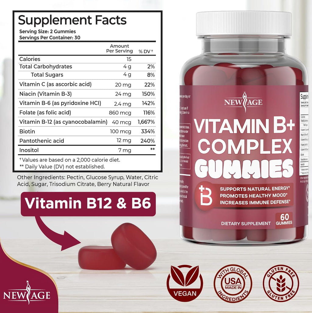 NEW AGE Vitamin B Complex Gummies with Vitamin B3, B6, & B12 – with Biotin, Folic Acid & Vitamin C – Gluten-Free, Vegan, Made in The USA! (120 Count (Pack of 2))
