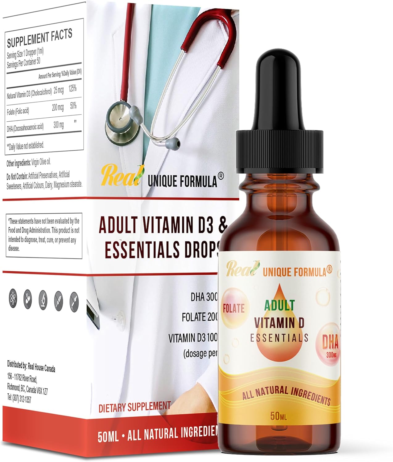 Adults Health Essentials Drops - Liquid DHA Omega 3, Natural Vitamin D3 1000 IU, Folate Supplement, Supports Heart, Brain, Eyes & Joint Health Supplement for The Whole Family