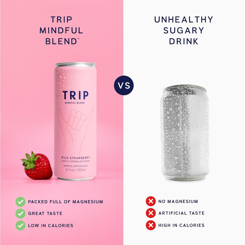 Trip Drink Mindful Blend, Lightly Sparkling Calming Drink, Adaptogen Drink 120 MG Magnesium Citrate with Ashwagandha, Lions Mane & L Theanine, No Added Sugar, Low Calorie, Vegan, Wild Strawberry, 12 Oz, 12Pk
