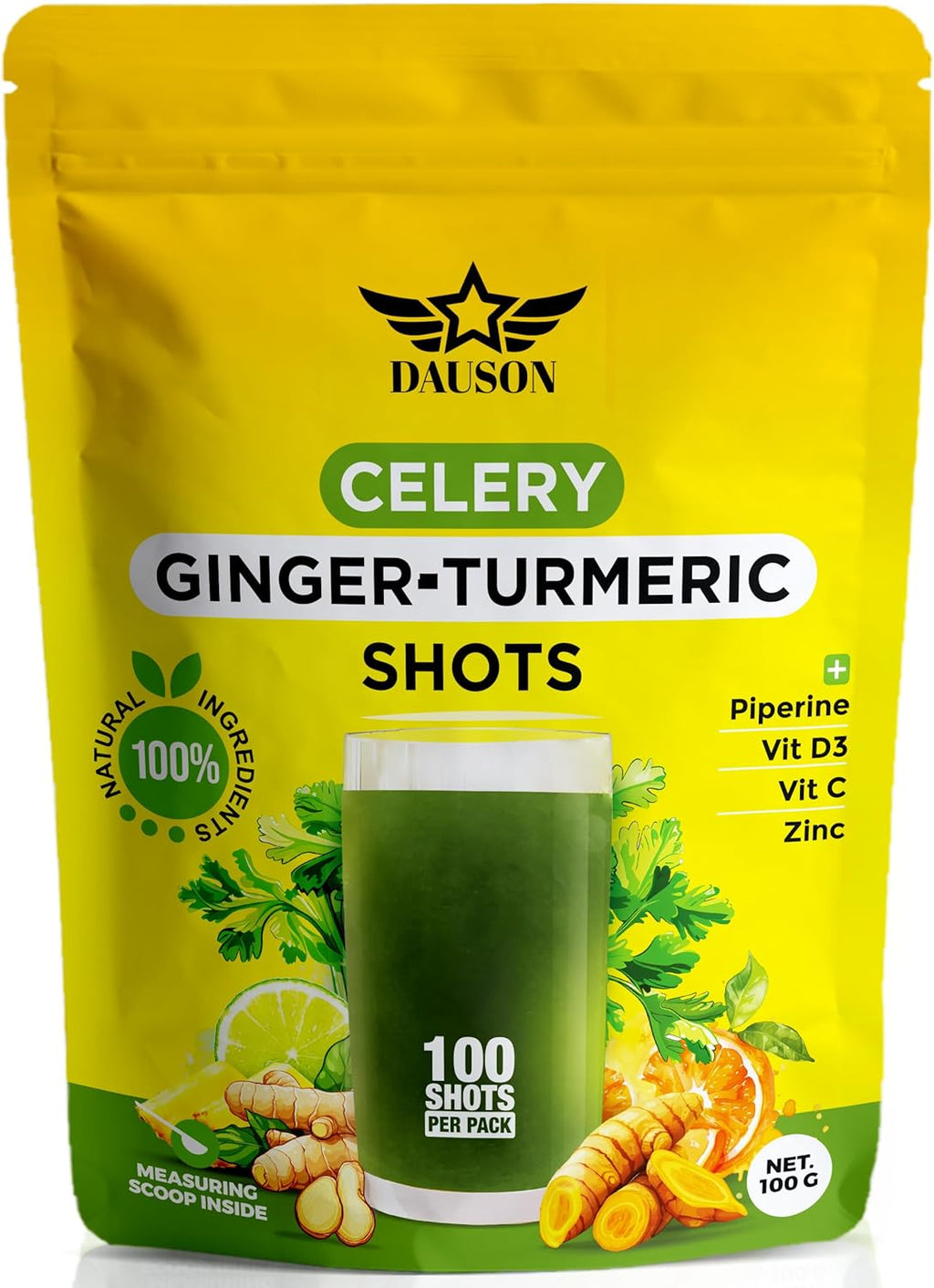 Celery Ginger Turmeric Shots – 100 Shots - Detox & Bloat Support Drink Powder with Inulin, Lemon, Pineapple, Vitamin C, D3 & Zinc – Daily Wellness Shot