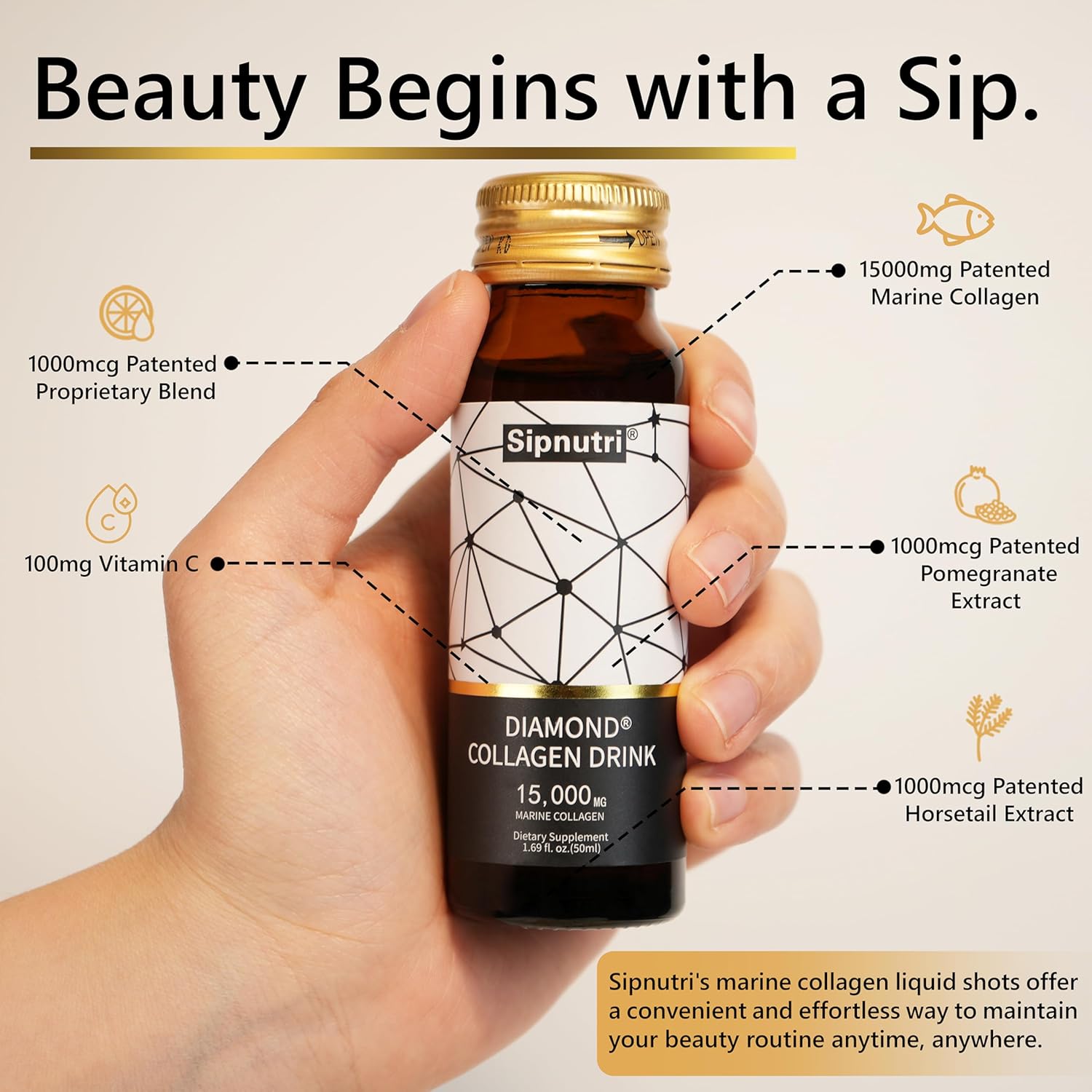 Diamond Liquid Collagen Drink, Gift for Man & Women, 15000 mg Hydrolyzed Marine Collagen Peptides with Vitamin C, Pomegranate, Healthy Hair Skin Nails Joints Bones Support, 50 ml x 10 Bottles