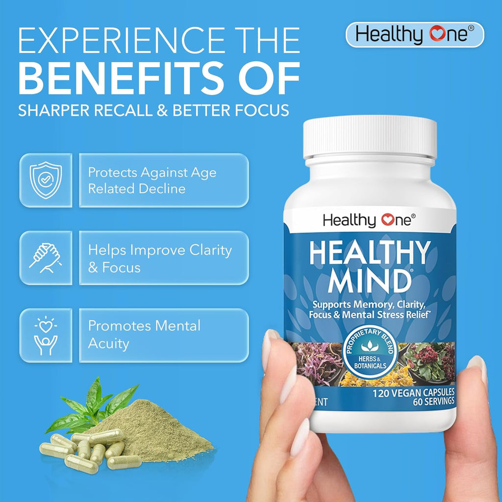 Healthy Mind - Safe for Teens - Brain Fog - Cognitive Function - Concentration - Focus - Neural Optimization - Mood - Ginkgo Biloba - Ginseng - Rhodiola - Bacopa - Gotu Kola - Green Tea - 150 Count