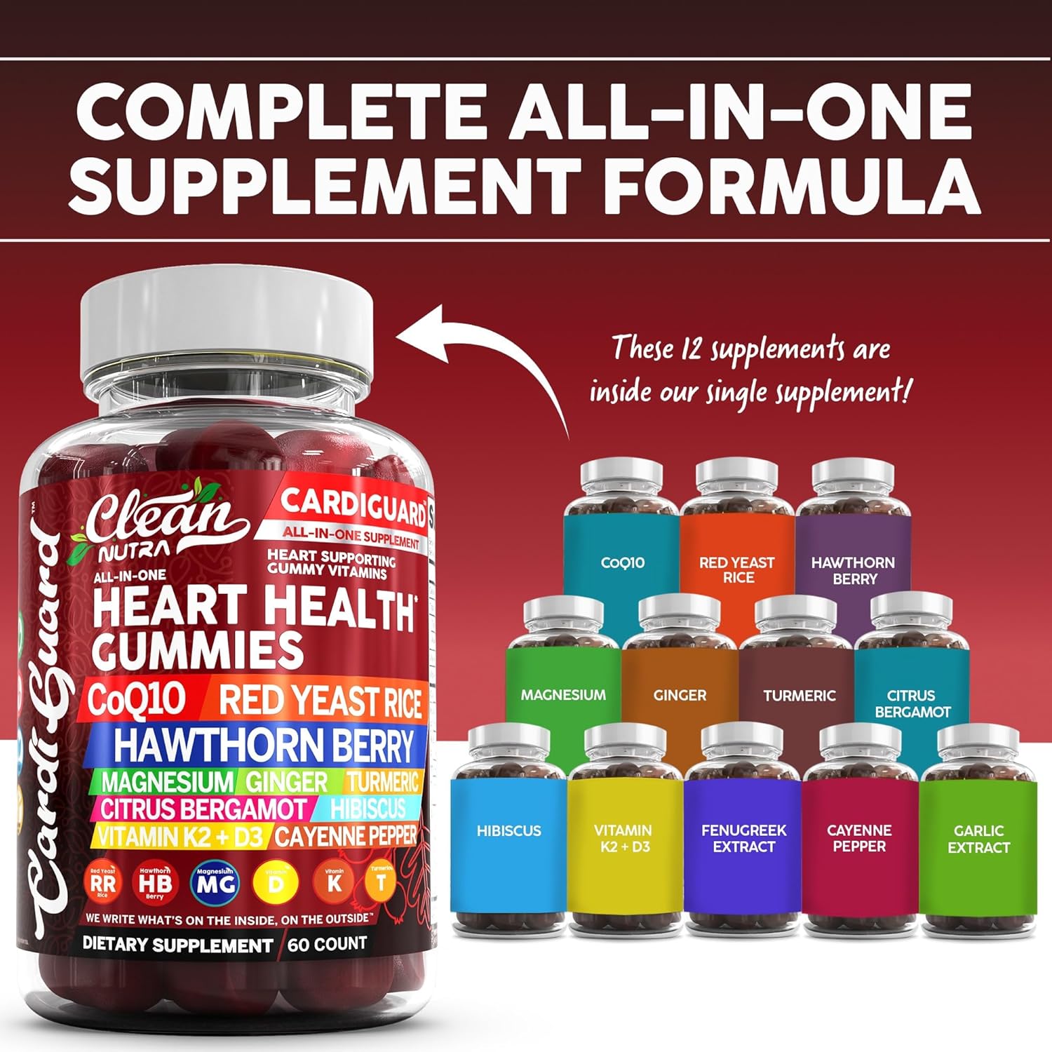 Clean Nutraceuticals Coq10 Gummies | Red Yeast Rice Hawthorn Berry Ginger Turmeric Citrus Bergamot Hibiscus Vitamin K2+D3 Magnesium Glycinate Cayenne Pepper Fenugreek Orange Flavor CardiGuard