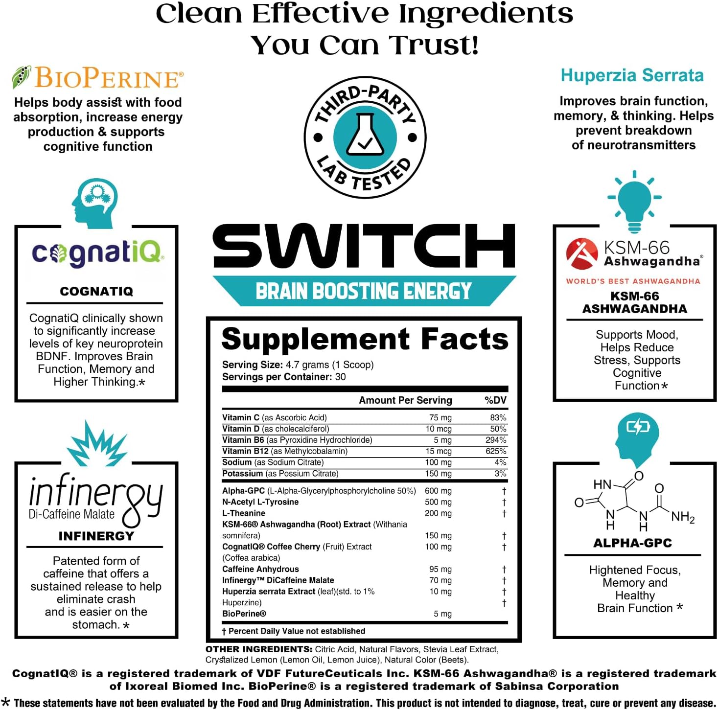 Switch, Brain Boosting Nootropic Energy Supplement Powder - Made in USA - Alpha GPC, NALT, Ashwagandha, Sugar Free Energy, Keto, Increase Mental Focus & Cognitive Function, Enhances Mood & Memory