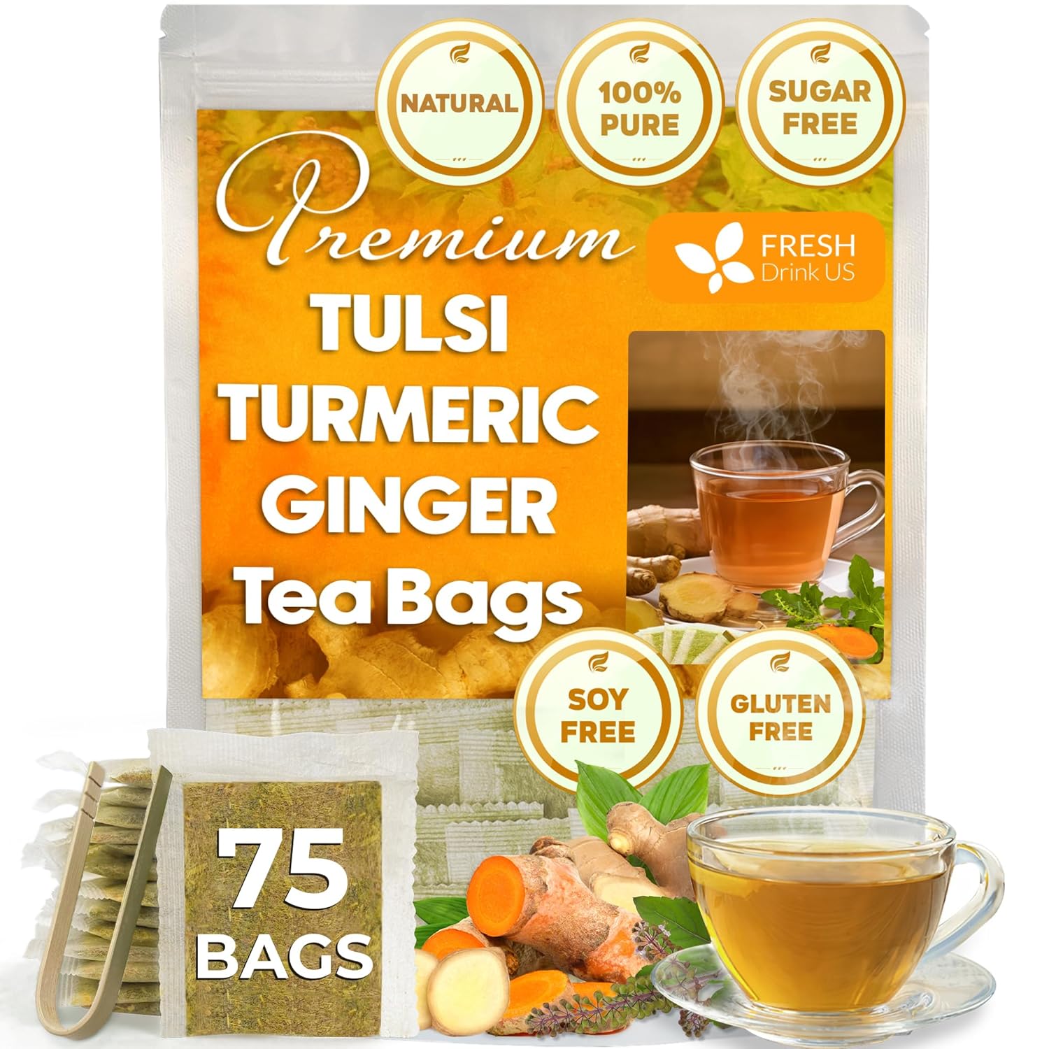 FreshDrinkUS, Premium 75 Tulsi Turmeric Ginger Tea Bags, 100% Natural & Pure from Tulsi Holy Basil Leaves, Turmeric and Ginger. Made with Natural Material Tea Bags. No Sugar, No Caffeine, Vegan.