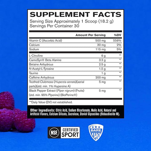 Bare Performance Nutrition BPN Flight Pre Workout, Supports Energy and Mental Focus, Improved Endurance & Muscle Pumps with CarnoSyn® Beta Alanine, Blue Raspberry, 30 Servings