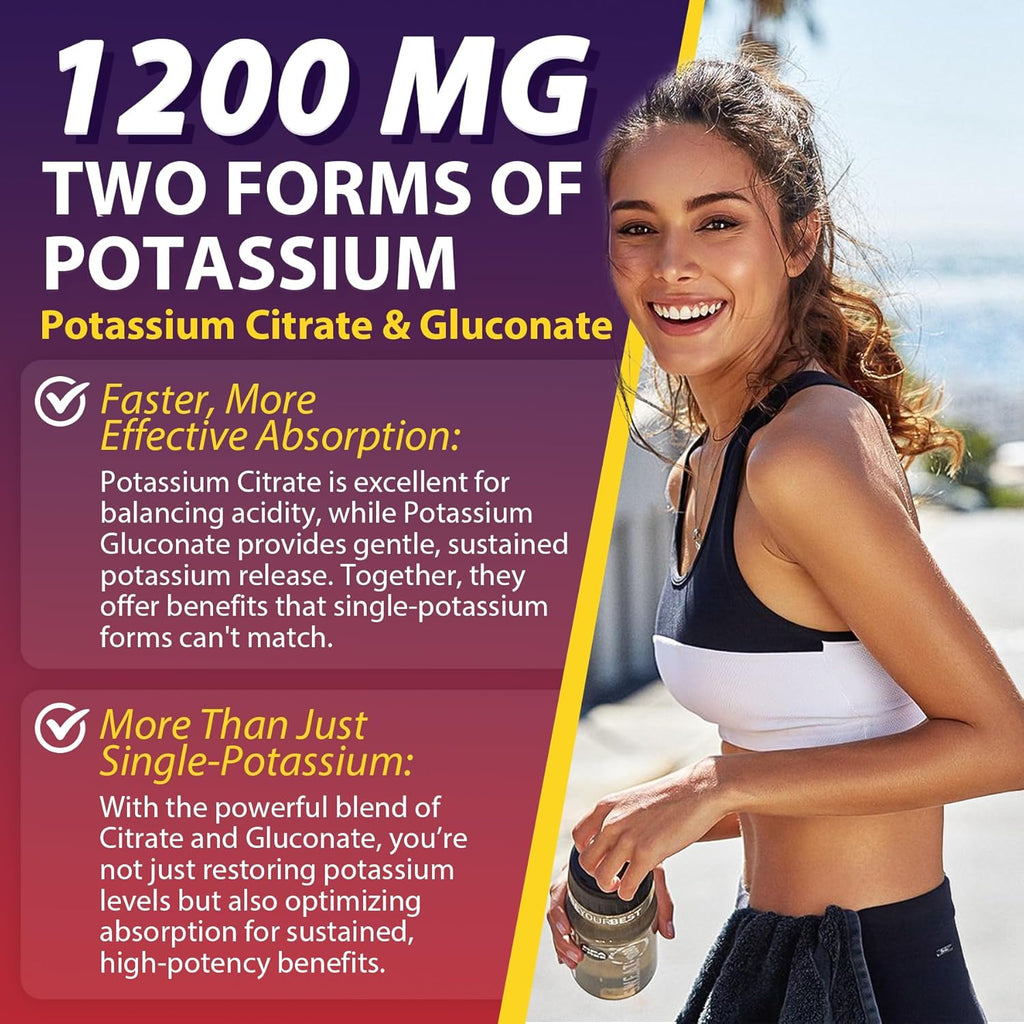 Potassium Citrate and Potassium Gluconate Supplement, 1200mg Two Forms of Potassium Gummies, w/Magnesium, Omega-3, Calcium, Vitamin D3 K2 B12 E B6, Folate for Muscles, Nerves, Health Bones, 120Cts