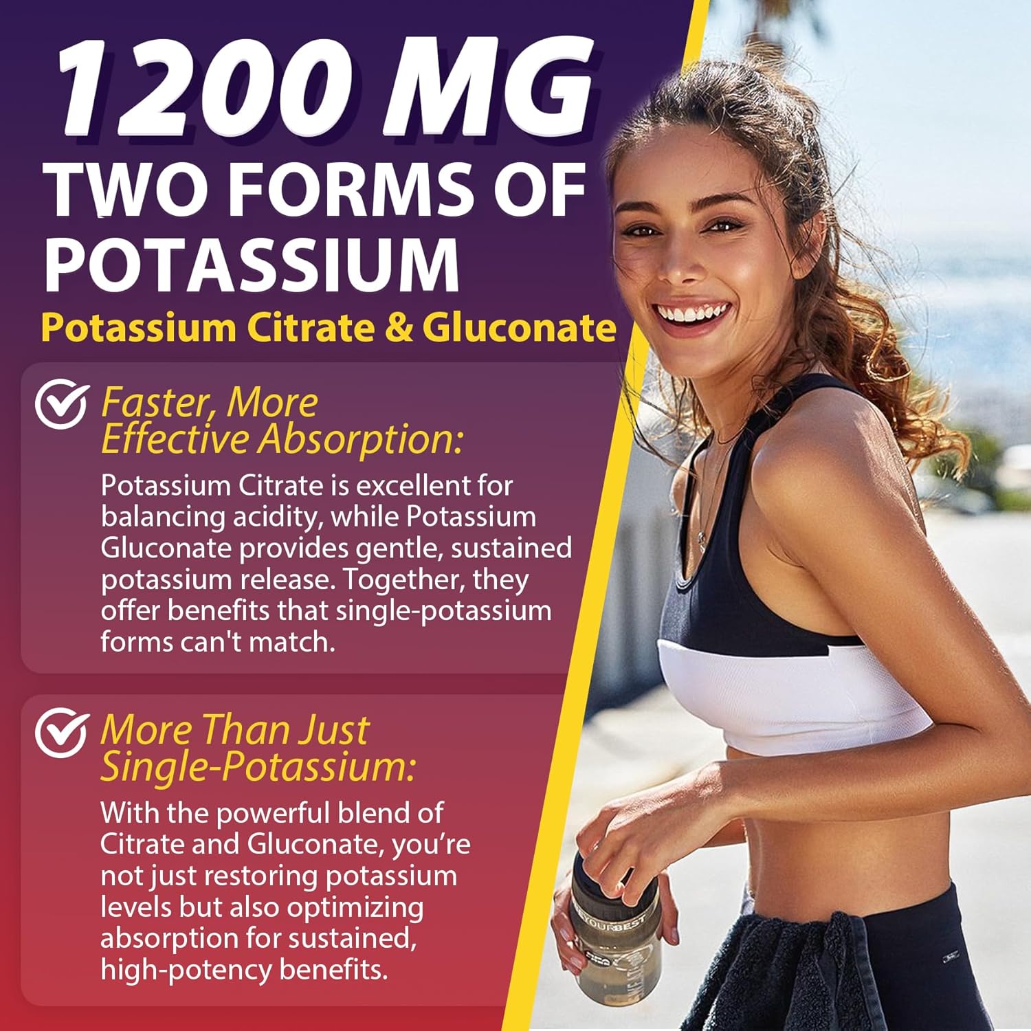 Potassium Citrate and Potassium Gluconate Supplement, 1200mg Two Forms of Potassium Gummies, w/Magnesium, Omega-3, Calcium, Vitamin D3 K2 B12 E B6, Folate for Muscles, Nerves, Health Bones, 120Cts