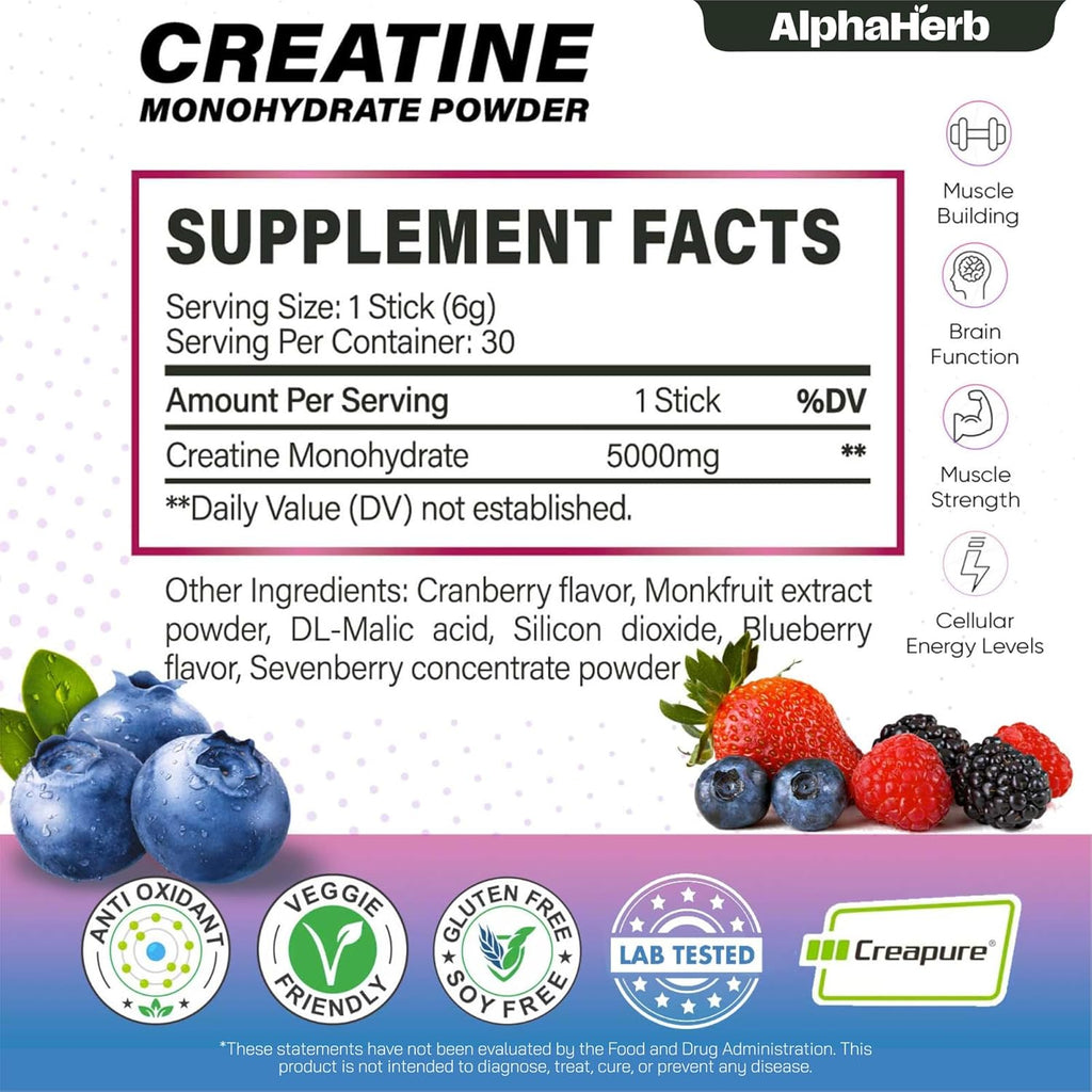 Creatine Monohydrate Powder – Creapure® German-Sourced, Mixed Berry Flavour, 30 Stick Creatine Packs, 5000mg Each | No Sugar, No Fillers, Gluten-Free