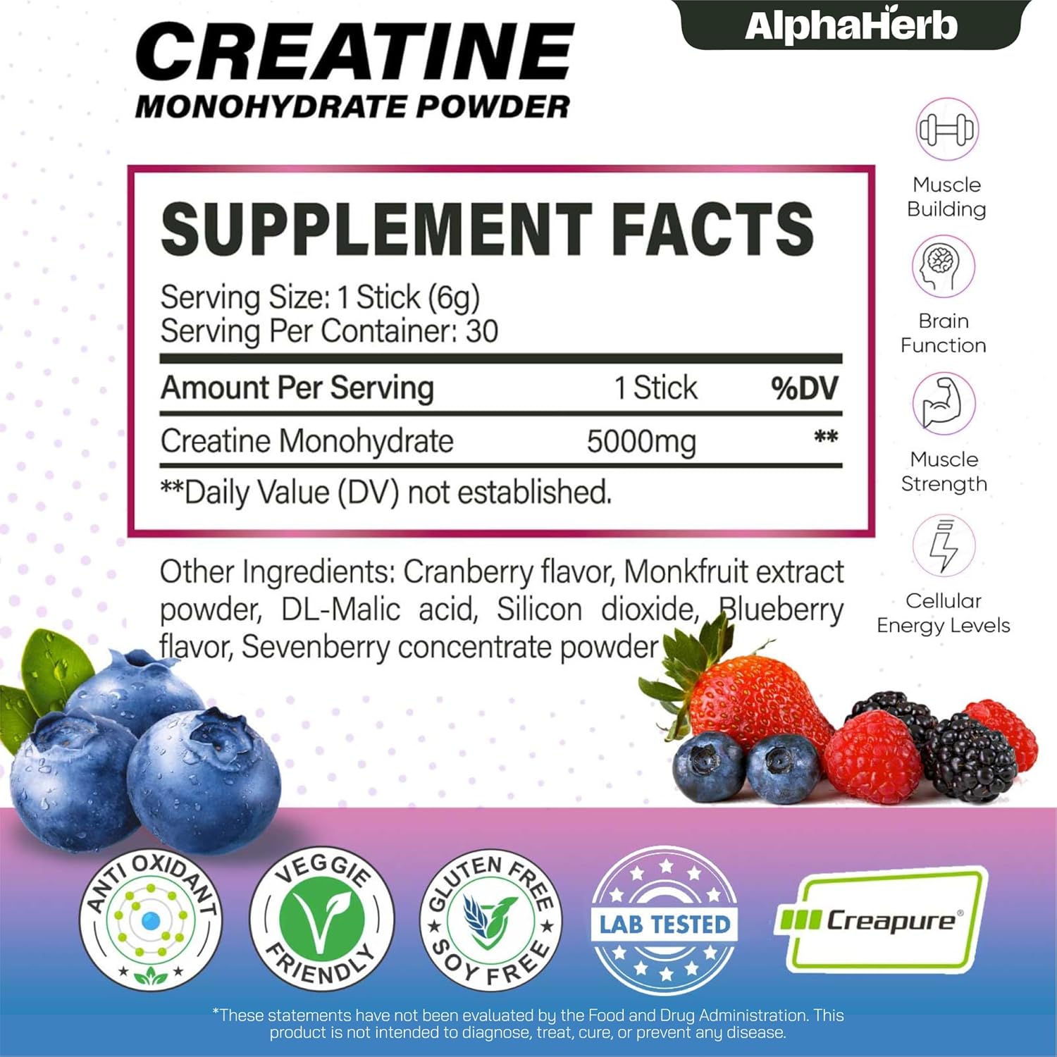 Creatine Monohydrate Powder – Creapure® German-Sourced, Mixed Berry Flavour, 30 Stick Creatine Packs, 5000mg Each | No Sugar, No Fillers, Gluten-Free