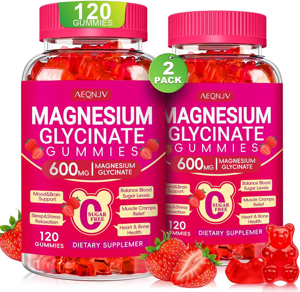 Magnesium Glycinate Gummies 600mg, Chewable Sugar Free Gummies with Magnesium Glycinate, Vitamin D, B6 and CoQ10 for Sleep, Relaxation, Brain and Muscle, 2 Pack
