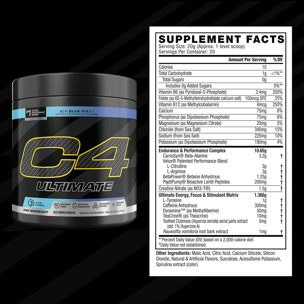 Cellucor C4 Ultimate Pre Workout Powder ICY Blue Razz - Sugar Free Preworkout Energy Supplement for Men & Women - 300mg Caffeine + 3.2g Beta Alanine + 2 Patented Creatines - 20 Servings