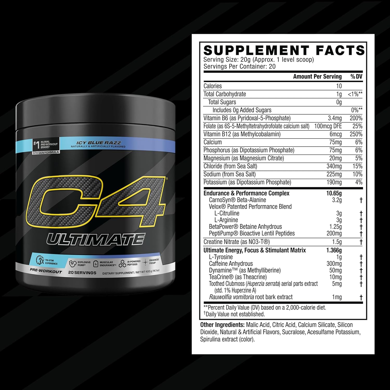 Cellucor C4 Ultimate Pre Workout Powder ICY Blue Razz - Sugar Free Preworkout Energy Supplement for Men & Women - 300mg Caffeine + 3.2g Beta Alanine + 2 Patented Creatines - 20 Servings