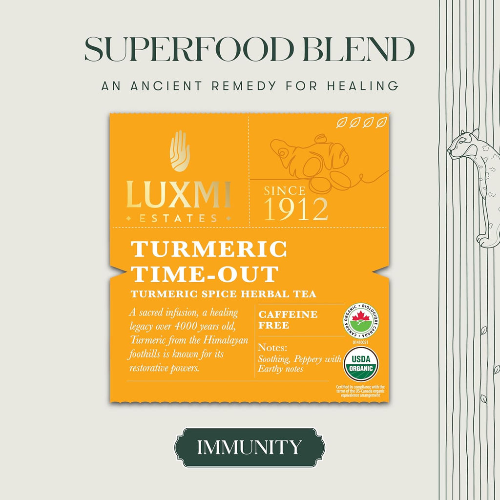 Luxmi Estates Turmeric Time-Out Herbal Tea, 50 Tea Bags, Organic Herbal Tea, Turmeric, Ginger, Cardamom, Black Pepper, Supports Immunity, Inflammation, and Stress Relief