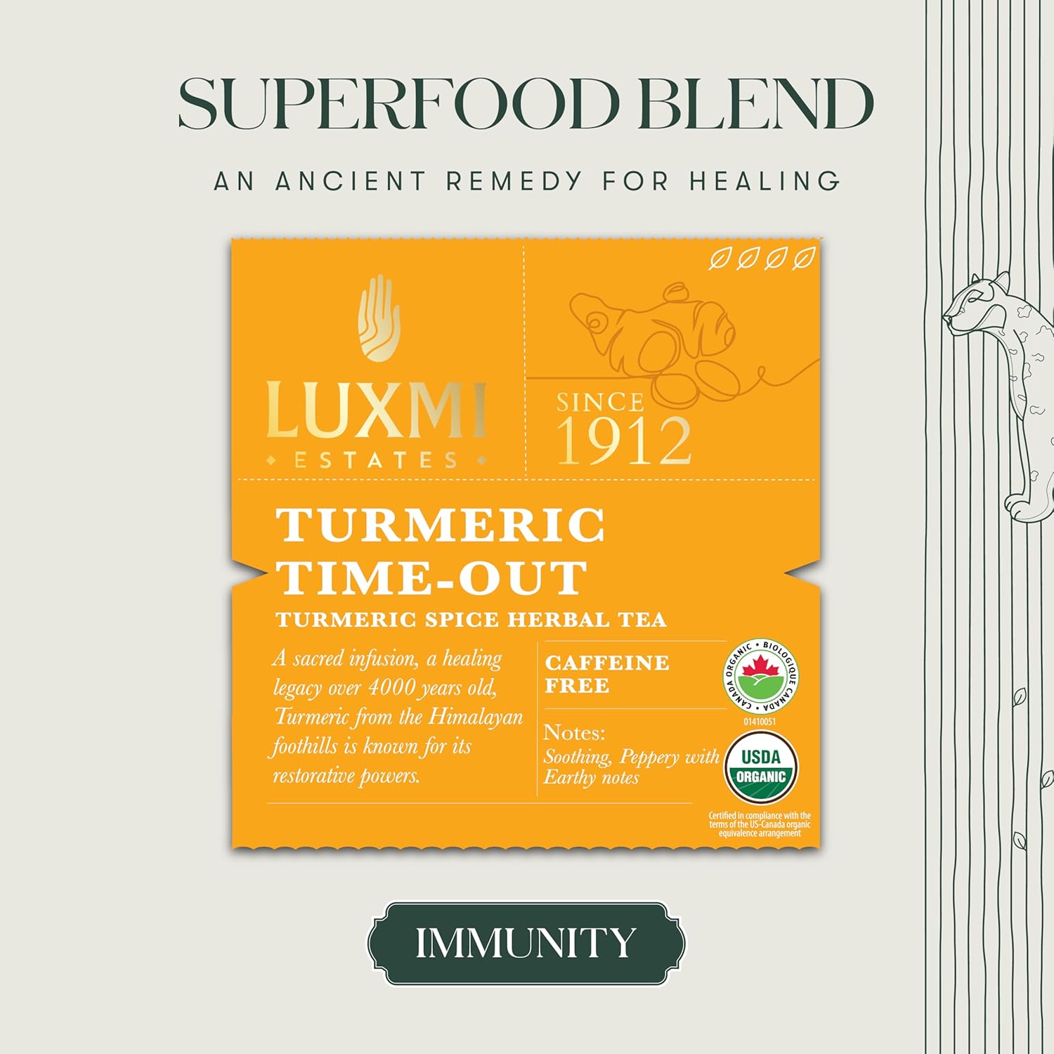 Luxmi Estates Turmeric Time-Out Herbal Tea, 50 Tea Bags, Organic Herbal Tea, Turmeric, Ginger, Cardamom, Black Pepper, Supports Immunity, Inflammation, and Stress Relief