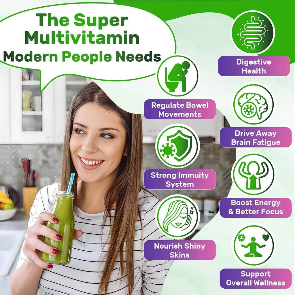 Super Greens Gummies, Greens Superfood Powder Alternative w/Spirulina, Chlorella, Prebiotic Fiber, Probiotic, Fruit Veggie, Daily Greens Vegetable for Digestive & Gut Health, Immunity, Focus, 60 Cts