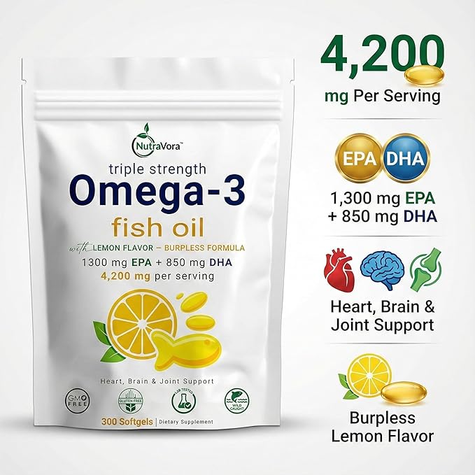 Triple Strength Omega-3 Fish Oil – 4200 mg Per Serving with 1300 mg EPA + 850 mg DHA – Lemon Flavor Burpless Formula – Wild-Caught, Non-GMO, Gluten-Free – 300 Softgels