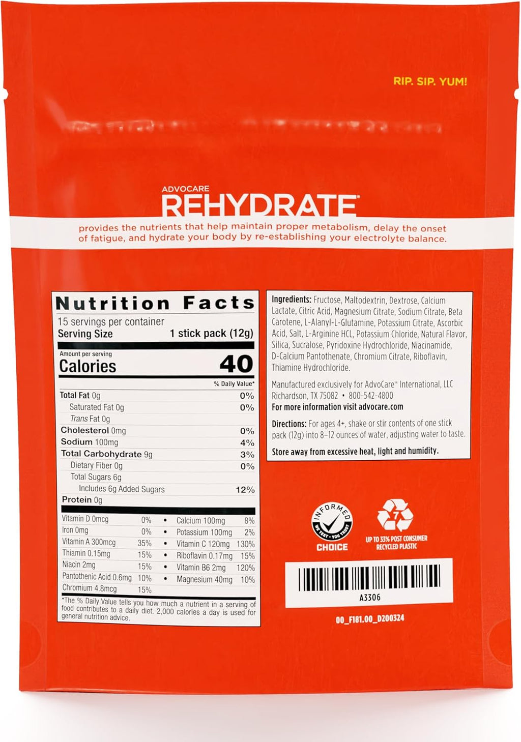 AdvoCare Rehydrate - Electrolyte Drink Mix - Includes Magnesium, Sodium, Potassium & Calcium - Antioxidant & Amino Acid Fortified - Hydration & Recovery - Orange, 15 Stick Packs (6.3 oz)