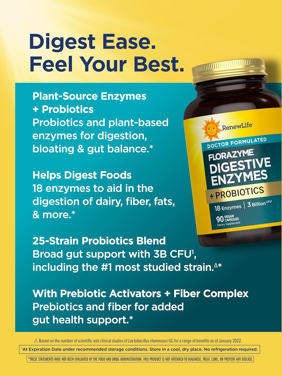 Renew Life Florazyme Digestive Enzymes with Probiotics | Doctor Formulated | Helps Occasional Gas, Bloating & Discomfort | Digestive & Immune Health | Dairy Free | 90 Vegan Capsules
