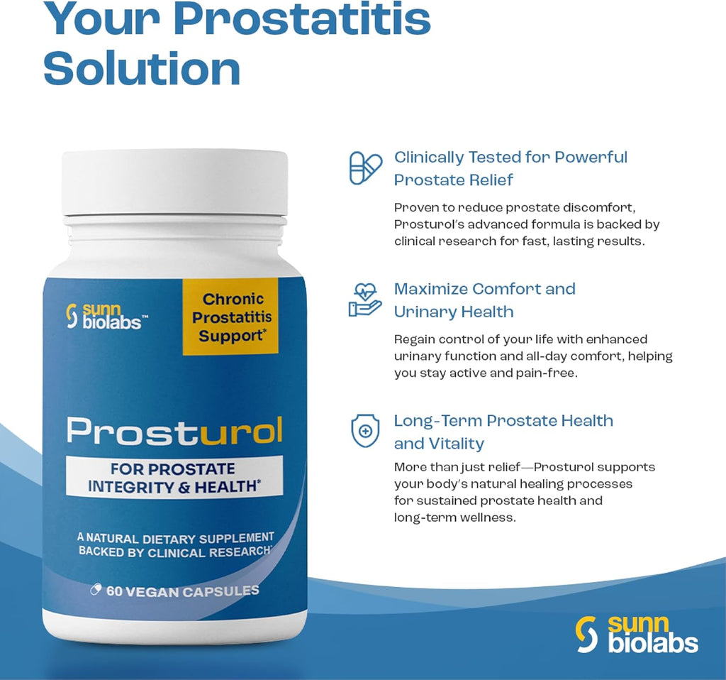 Prosturol | Prostatitis Treatment | CPPS | Extra Strength Discomfort Relief & Prostate Supplement for Men with Quercetin, Saw Palmetto, Enzymes, for Pelvic Health - 60 Capsules