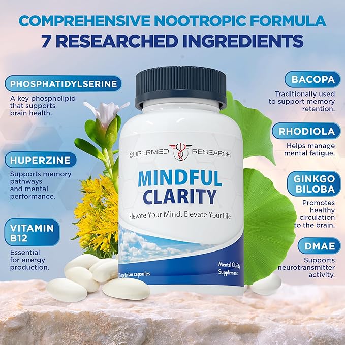 Mental Clarity & Focus Supplement with Bacopa, Rhodiola, Ginkgo Biloba, Huperzine, Vitamin B12, DMAE – Vegan Nootropic Brain Supplement for Memory and Brain Health (120 Capsules)
