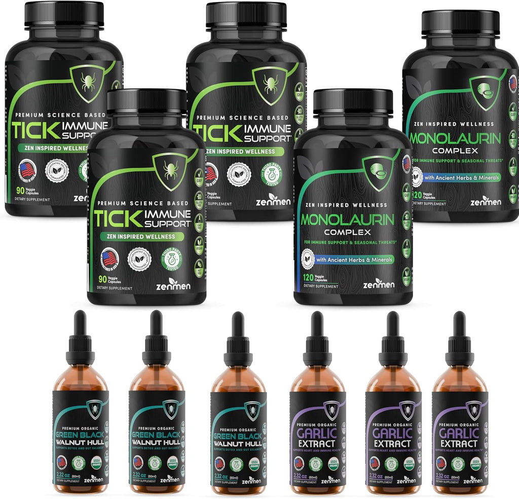 Zenmen Tick-Borne Support Complete Bundle - Longer Term Wellness Support After Exposure - 3 Tick Immune Support + 2 Monolaurin + 3 Green Black Walnut Tincture + 3 Garlic Tincture
