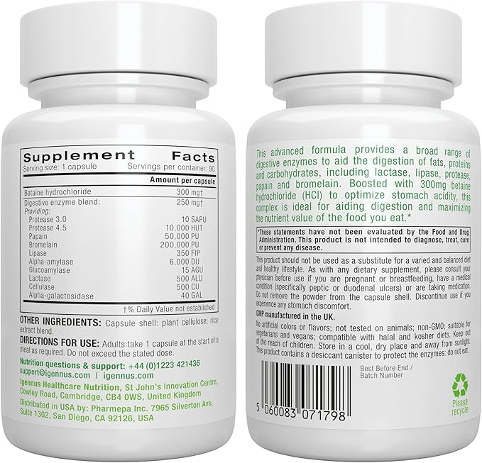 Igennus Fast Action Digestive Enzymes & Betaine HCl, 10 Broad Spectrum Enzymes with Protease, Lipase & Lactase, Papain & Bromelain, Plant-Based Vegan, Clean Label, for Women and Men, 90 Capsules