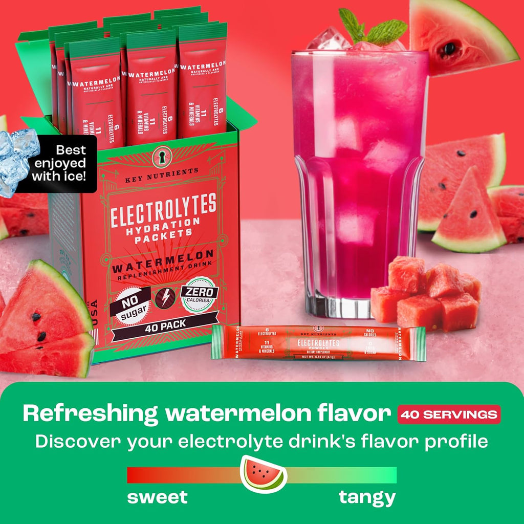 KEY NUTRIENTS Electrolytes Powder Packets - Refreshing Watermelon 40 Pack Hydration Packets - Travel Hydration Powder - No Sugar, No Calories, Gluten Free - Made in USA