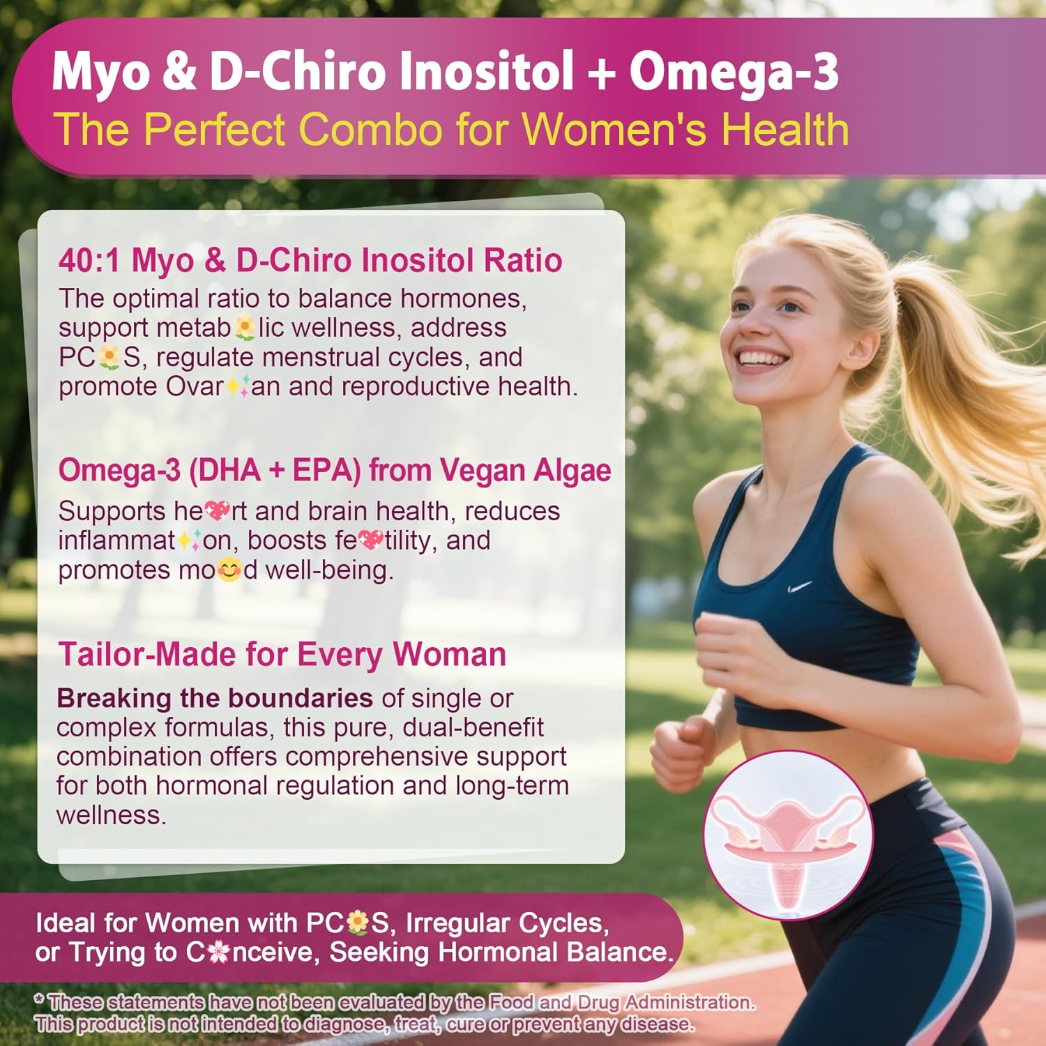 Inositol + Omega-3 Gummies for Women – Myo-Inositol & D-Chiro Inositol (40:1), Omega-3 DHA/EPA (3:1) – Inositol Supplement for Hormonal Balance & Cycle Health, Vegan Sugar-Free, 60 Ct