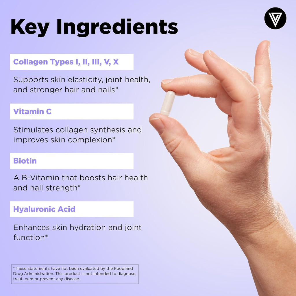 Vital Vitamins Multi Collagen Complex Plus - with Biotin, Hyaluronic Acid, Vitamin C - Type I, II, III, V, X - for Women & Men - Hair, Skin, Nails Beauty Complex - 150 Capsules
