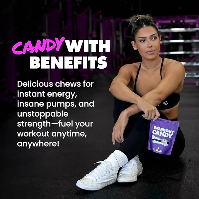 Gains in Bulk Workout Candy, Pre Workout Chews with Creatine and Caffeine for Energy, Focus, Muscle and Pump, Nitric Oxide Support, Supplements for Men and Women, Sour Fruit, 90 Vegetarian Chews