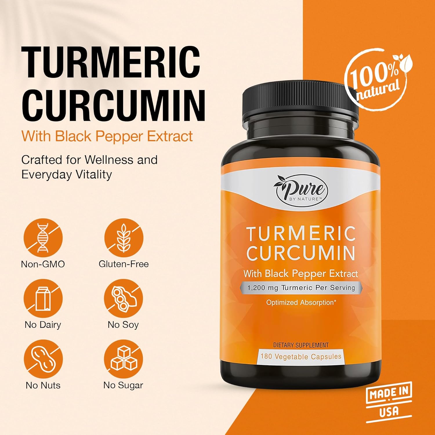 Pure By Nature Turmeric Curcumin with Black Pepper Extract 10 mg Capsules, 1200 mg per Serving, Organic, High Absorption Antioxidant Support (180 Count)