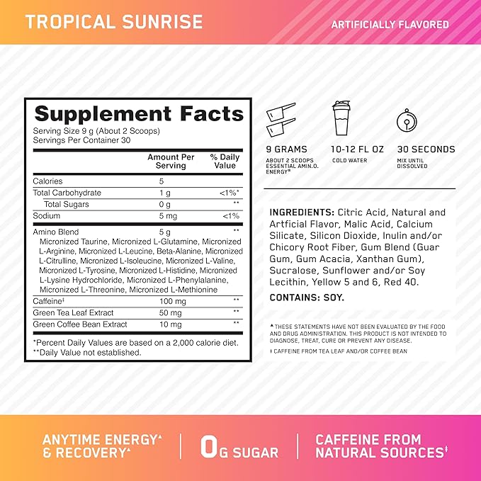 Optimum Nutrition Amino Energy Powder – Energy & Focus Pre Workout with Amino Acids, BCAA, Green Tea Caffeine & Coffee, Muscle Recovery Support – Tropical Sunrise, 30 Servings (Packaging May Vary)