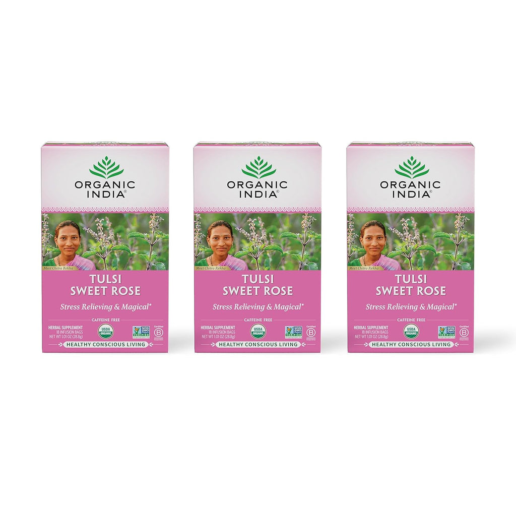 ORGANIC INDIA Tulsi Sweet Rose Herbal Tea - Holy Basil Leaf, African Basil, Chamomile, Lemon Myrtle, Stress Relieving, Caffeine Free - 18 Bags, 3 Pack