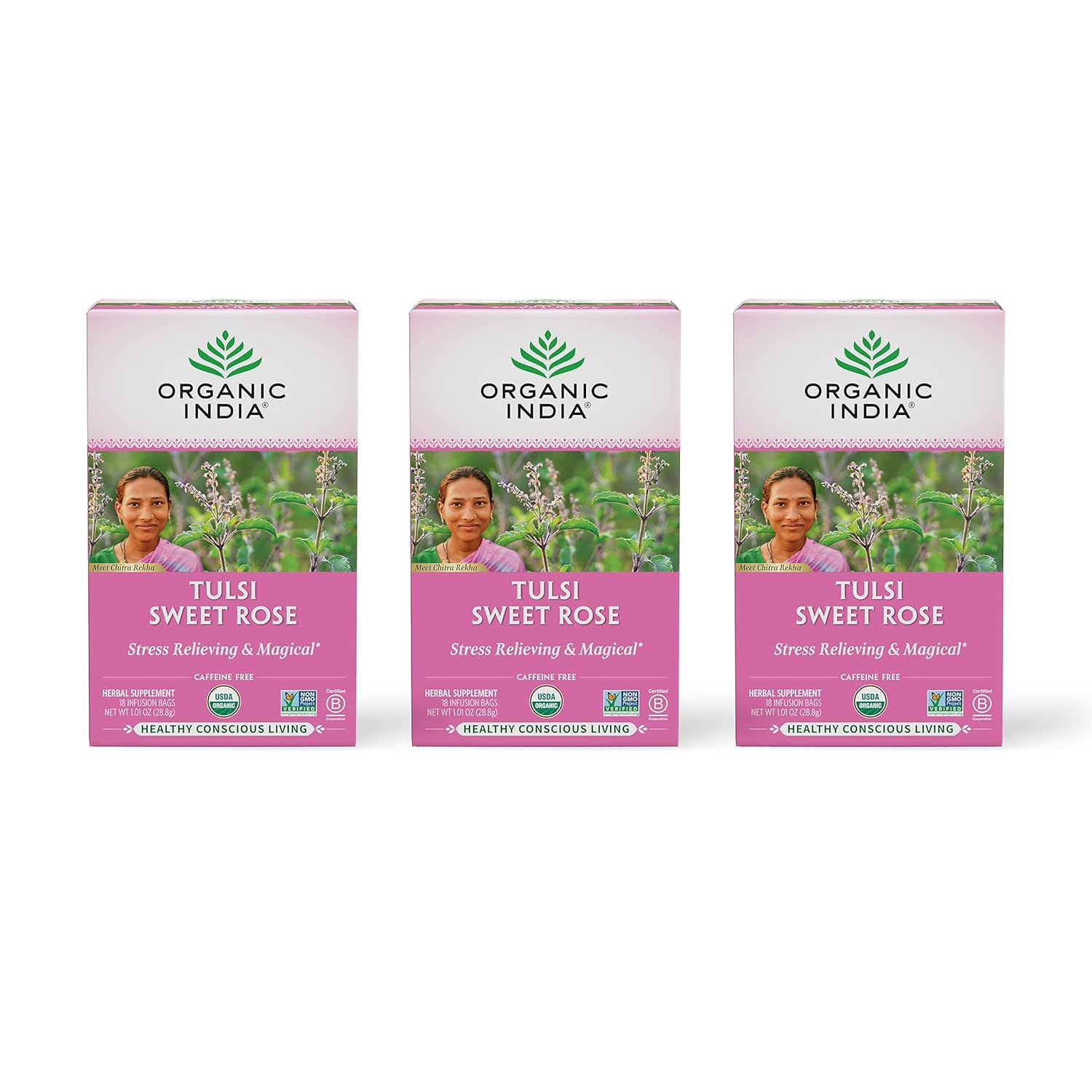 ORGANIC INDIA Tulsi Sweet Rose Herbal Tea - Holy Basil Leaf, African Basil, Chamomile, Lemon Myrtle, Stress Relieving, Caffeine Free - 18 Bags, 3 Pack