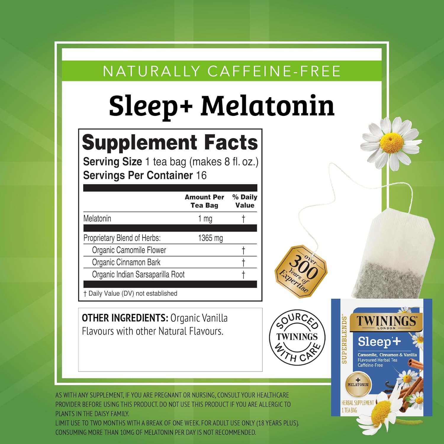 Twinings Superblends Sleep+ Herbal Tea with 1mg Melatonin Camomile, Cinnamon & Vanilla, Naturally Caffeine-Free, 16 Tea Bags (Pack of 2), Enjoy Hot or Iced