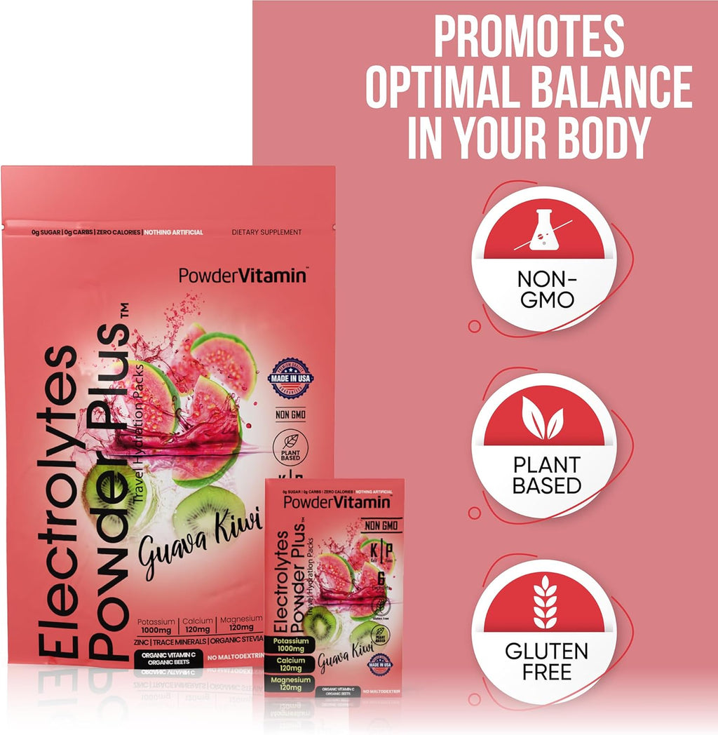 PowderVitamin Electrolytes Powder Plus, Keto, Guava Kiwi, Zero Sugar, 1000mg Potassium, 120mg Calcium, 120mg Magnesium, Non-GMO, Zero Calories, 30 Hydration Packets