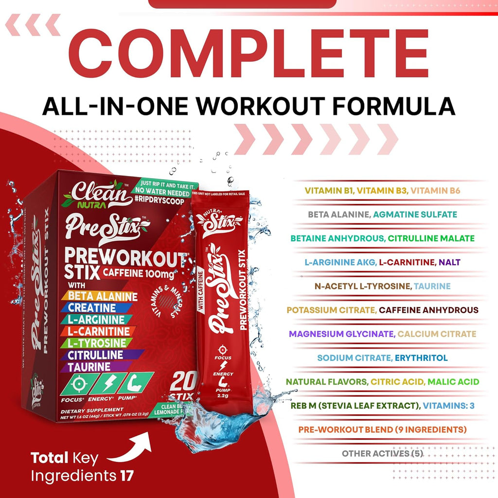 Clean Nutraceuticals Pre Workout Powder Energy Sticks - Caffeine 100mg, Energy Drink Mix, Creatine Monohydrate, Beta Alanine, L-Citrulline, L-Tyrosine, L-Carnitine, Electrolyte Hydration Packets 20 Ct