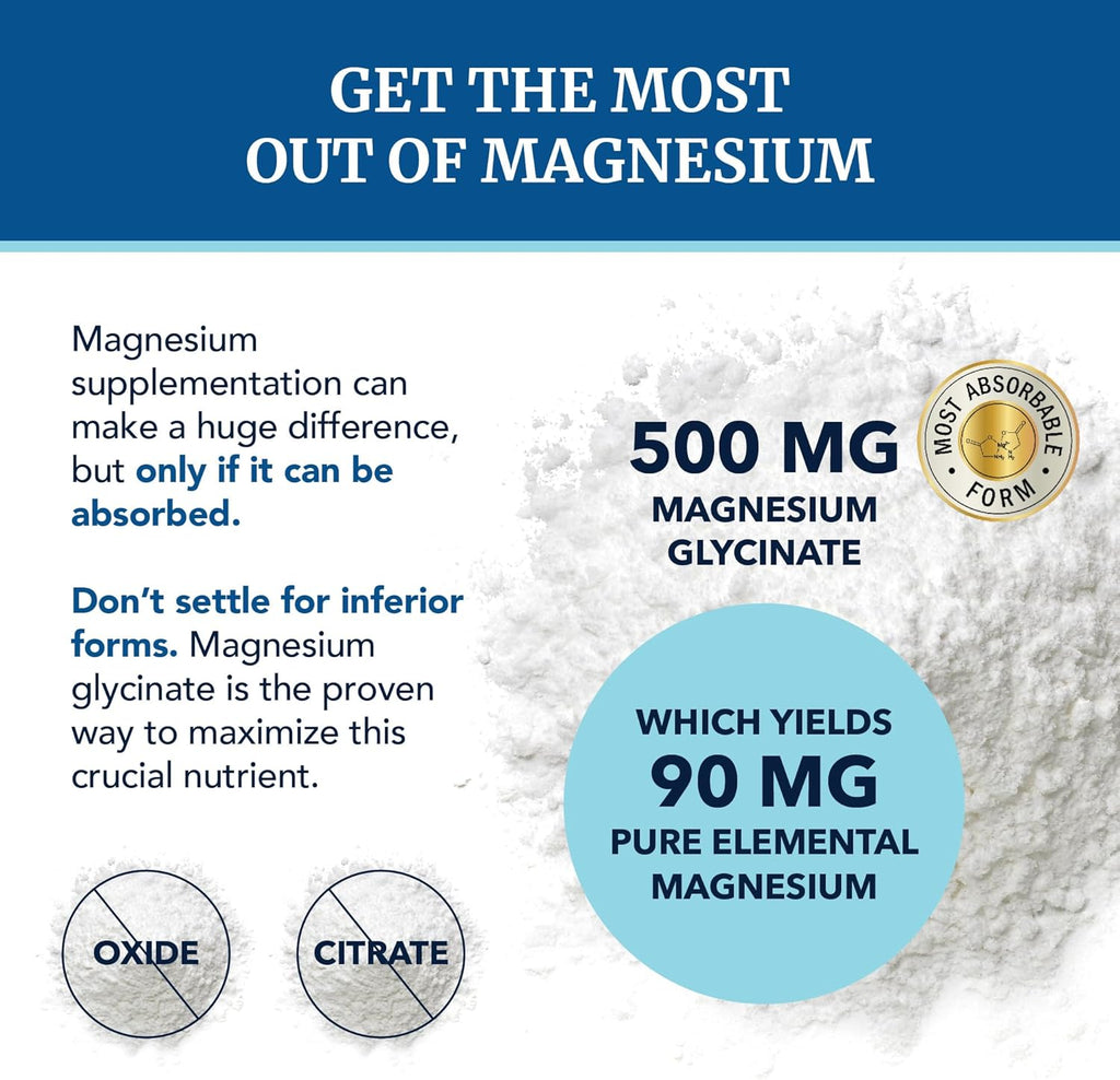 Magnesium Glycinate 500mg | Chelated for High Absorption | Muscle Relaxation, Bones, Heart, Nerve, Sleep & Calm Support for Women & Men | Magnesium Chelate Supplement & Bisglycinate Complex | 60ct